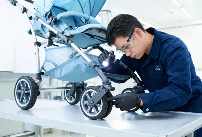 Stroller wheel and brake durability inspection