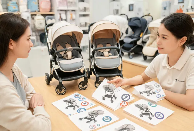 Caregiver comparing stroller travel system options