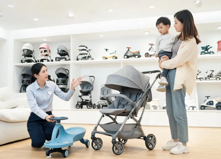Britax advisor reviewing stroller fit with parent